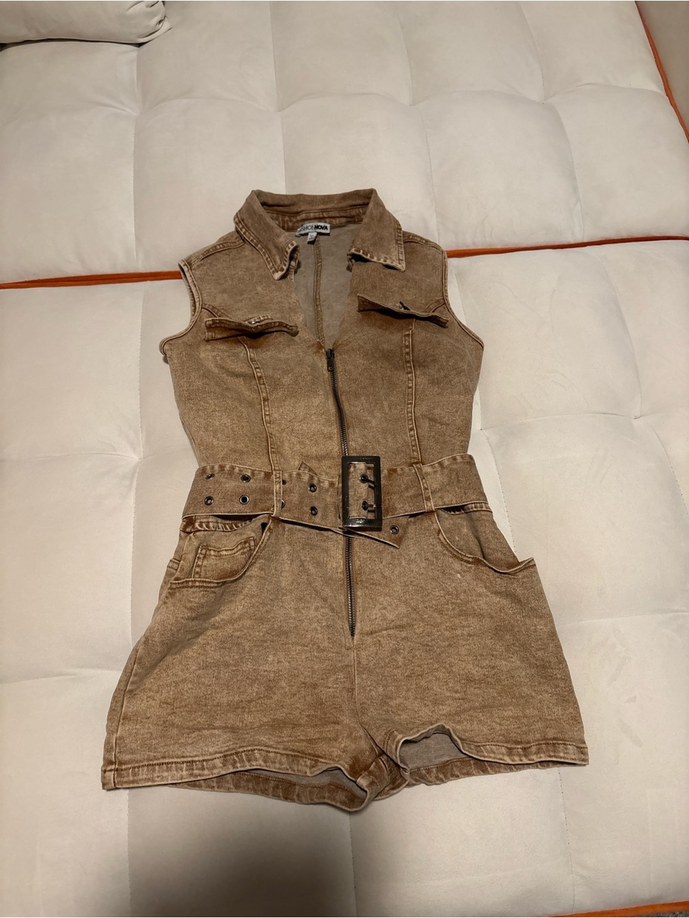 Fashion Nova Brown Sleeveless Denim Belted Romper